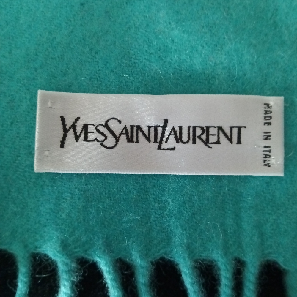 YSL Wool & Cashmere Blend Fringe Scarf with Logo Monogram - Picture 3 of 4